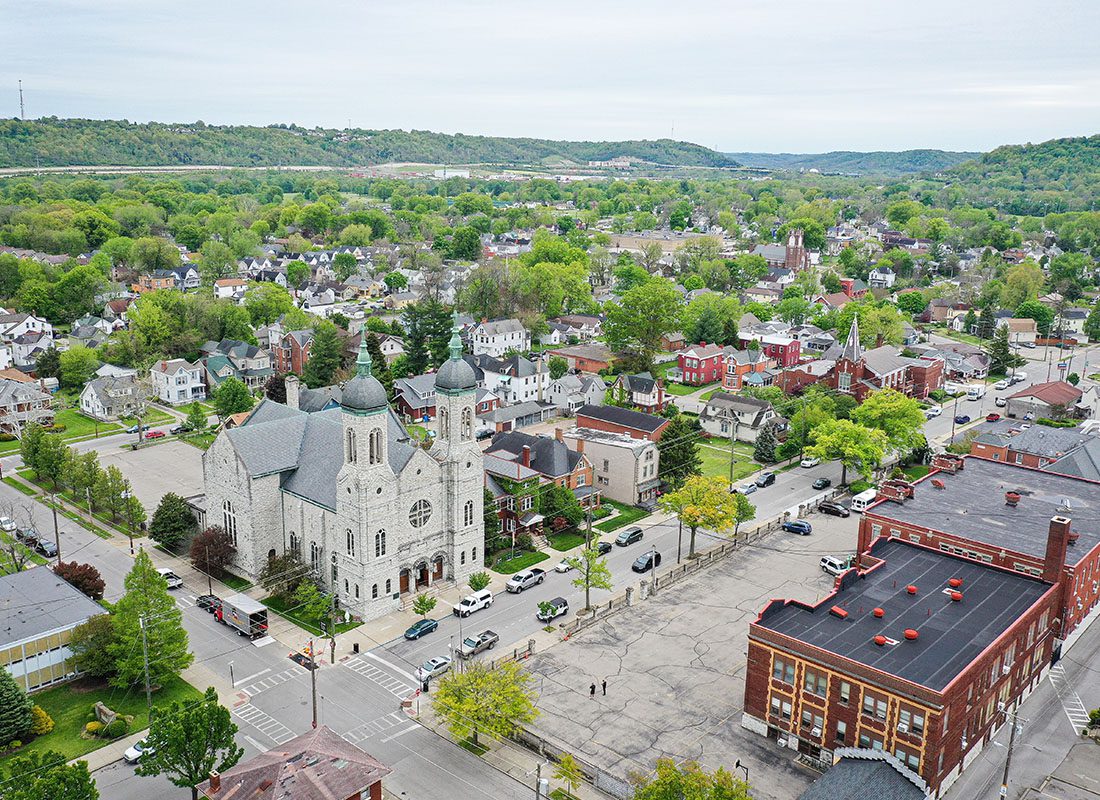 Insurance Solutions - Aerial View of a Holy Cross Catholic Church in Covington Kentucky on a Sunny Day